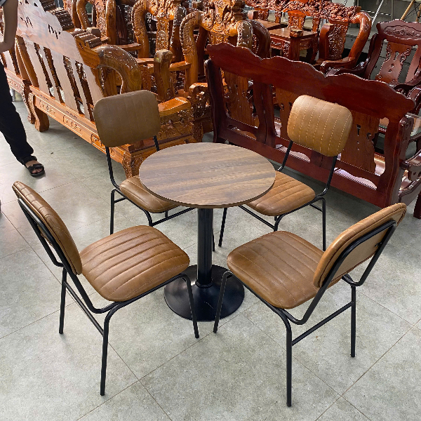 Bộ bàn ghế cafe Lotte khung sắt nệm da nâu phong cách vintage sang trọng