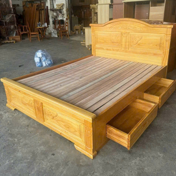 Giường ngủ gỗ tự nhiên màu vàng có ngăn kéo tiện lợi