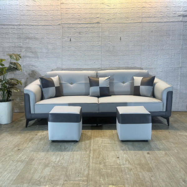 Sofa băng da xám trắng hiện đại kèm 2 ghế đôn, thiết kế sang trọng cho phòng khách và văn phòng.