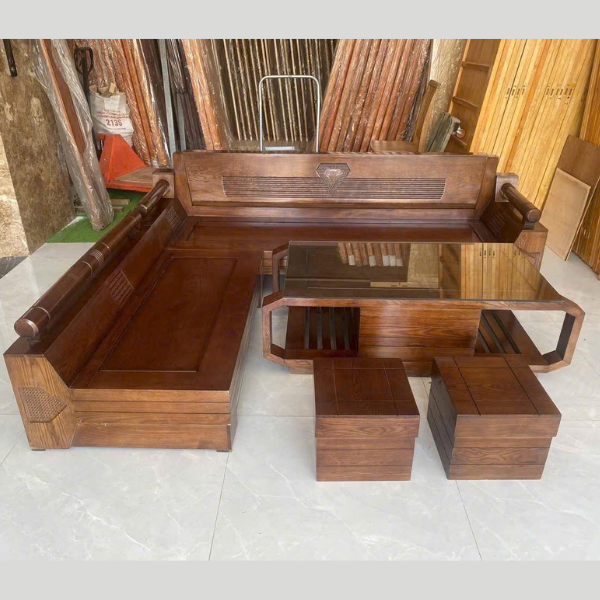 Bộ salon gỗ góc L mặt kính nguyên khối, sang trọng và bền đẹp, phù hợp phòng khách