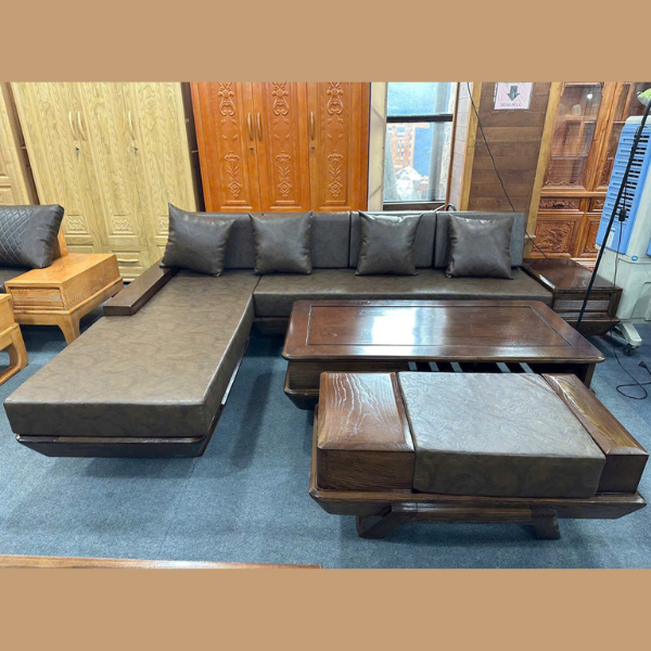 Bộ salon gỗ góc L nệm da nâu đậm sang trọng, thiết kế hiện đại, phù hợp phòng khách