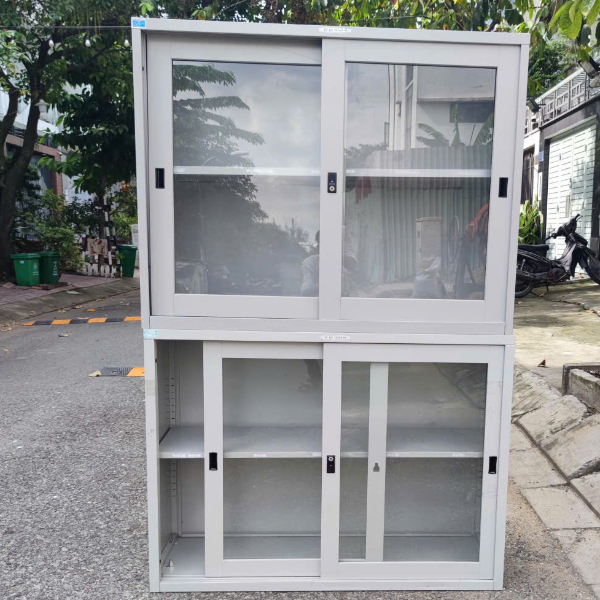 Tủ sắt trượt kính 2 tầng màu ghi sáng có khóa tiện dụng văn phòng